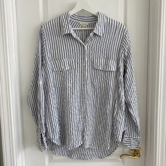 NWT Max Studio Striped Button Down Shirt Roll Tab Sleeve L Women’s - Picture 1 of 11